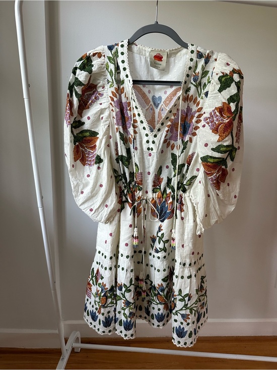 FARM Rio Dresses & Skirts - FARM Rio Cream Mini Dress with Green, Orange and Purple Floral Embroidery